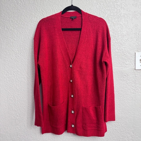 Talbots Sweater Red Button Front Long Line Cardigan Rhinestone - Size L - Picture 1 of 6